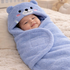 Soft Velvet Fleece Newborn Baby Embroidered Hooded Swaddle Blanket for 0-6 Months - Purple Bear