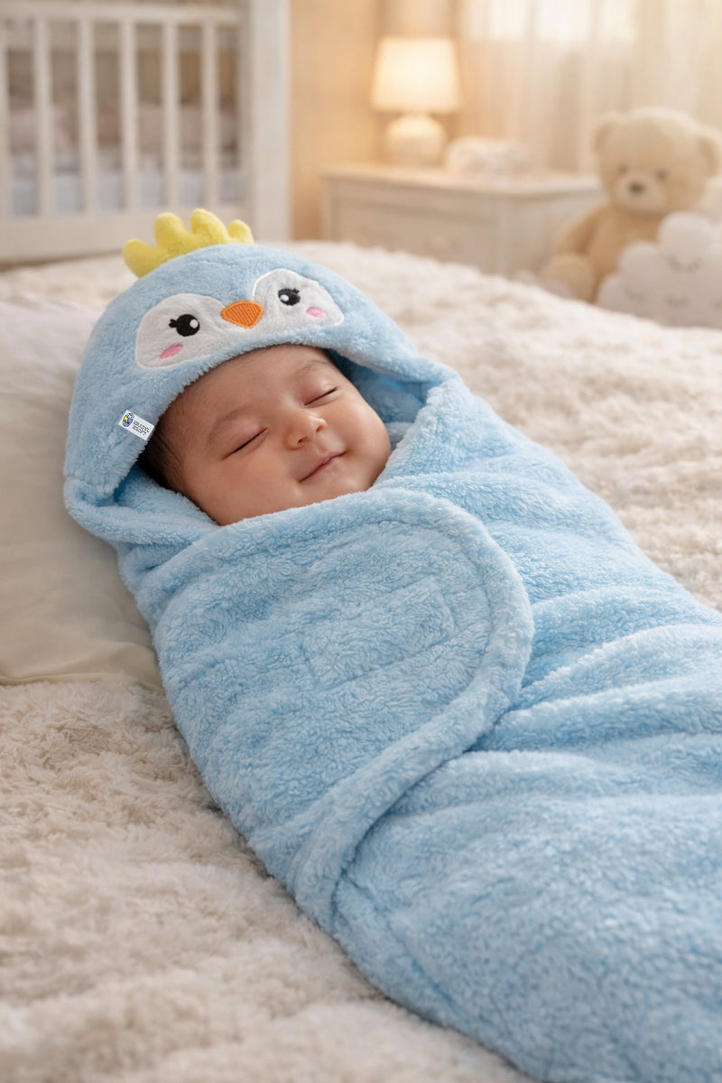 Soft Velvet Fleece Newborn Baby Embroidered Hooded Swaddle Blanket for 0-6 Months - Blue Poulet