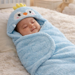 Soft Velvet Fleece Newborn Baby Embroidered Hooded Swaddle Blanket for 0-6 Months - Blue Poulet