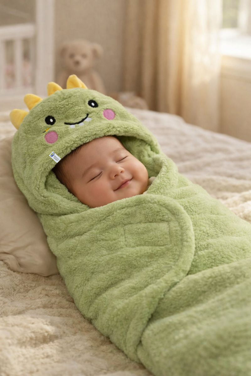 Soft Velvet Fleece Newborn Baby Embroidered Hooded Swaddle Blanket for 0-6 Months - Green Dino