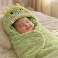 Soft Velvet Fleece Newborn Baby Embroidered Hooded Swaddle Blanket for 0-6 Months - Green Dino