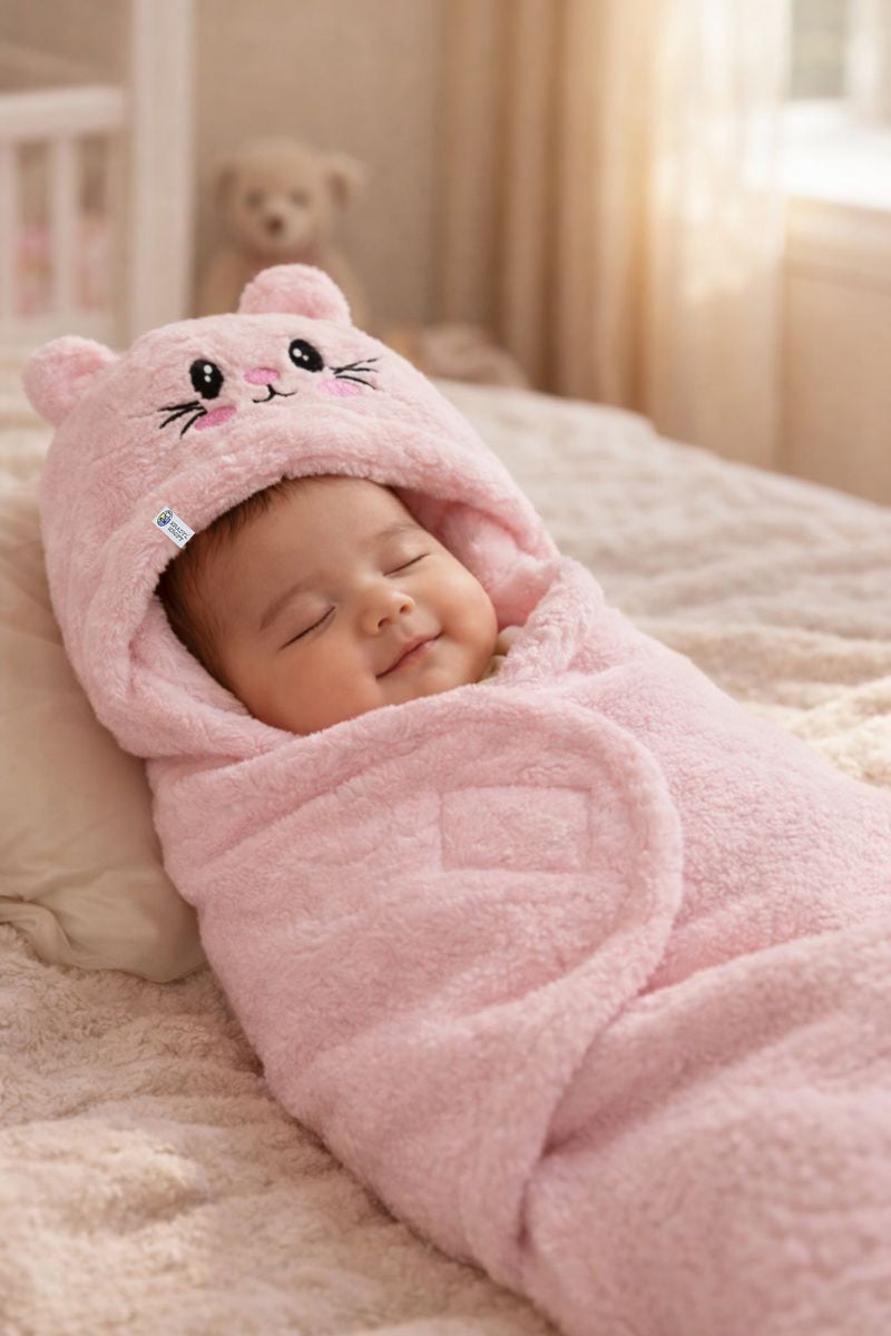 Soft Velvet Fleece Newborn Baby Embroidered Hooded Swaddle Blanket for 0-6 Months - Pink Cat