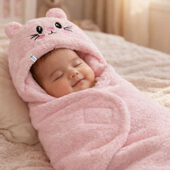 Soft Velvet Fleece Newborn Baby Embroidered Hooded Swaddle Blanket for 0-6 Months - Pink Cat