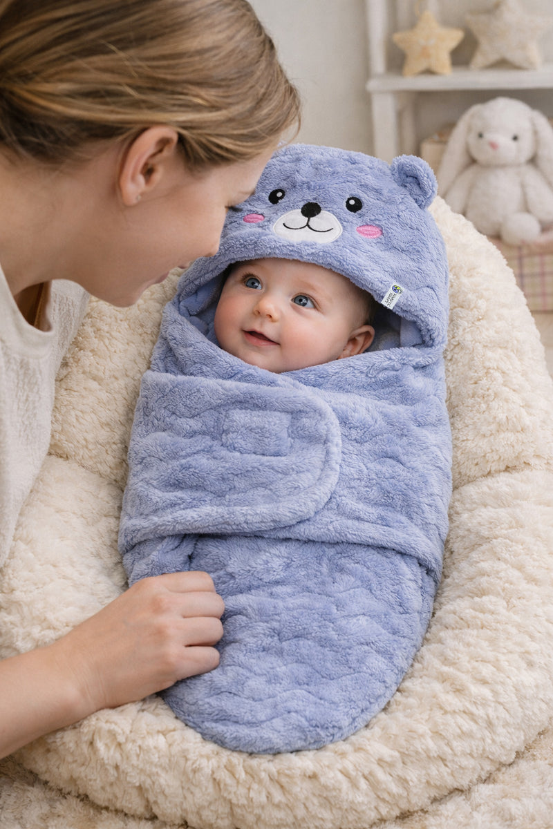 Soft Velvet Fleece Newborn Baby Embroidered Hooded Swaddle Blanket for 0-6 Months - Purple Bear