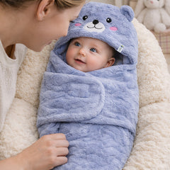 Soft Velvet Fleece Newborn Baby Embroidered Hooded Swaddle Blanket for 0-6 Months - Purple Bear