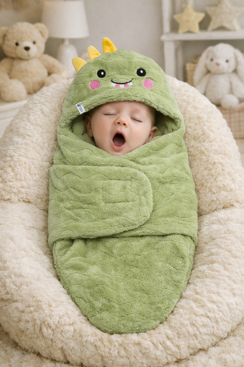 Soft Velvet Fleece Newborn Baby Embroidered Hooded Swaddle Blanket for 0-6 Months - Green Dino