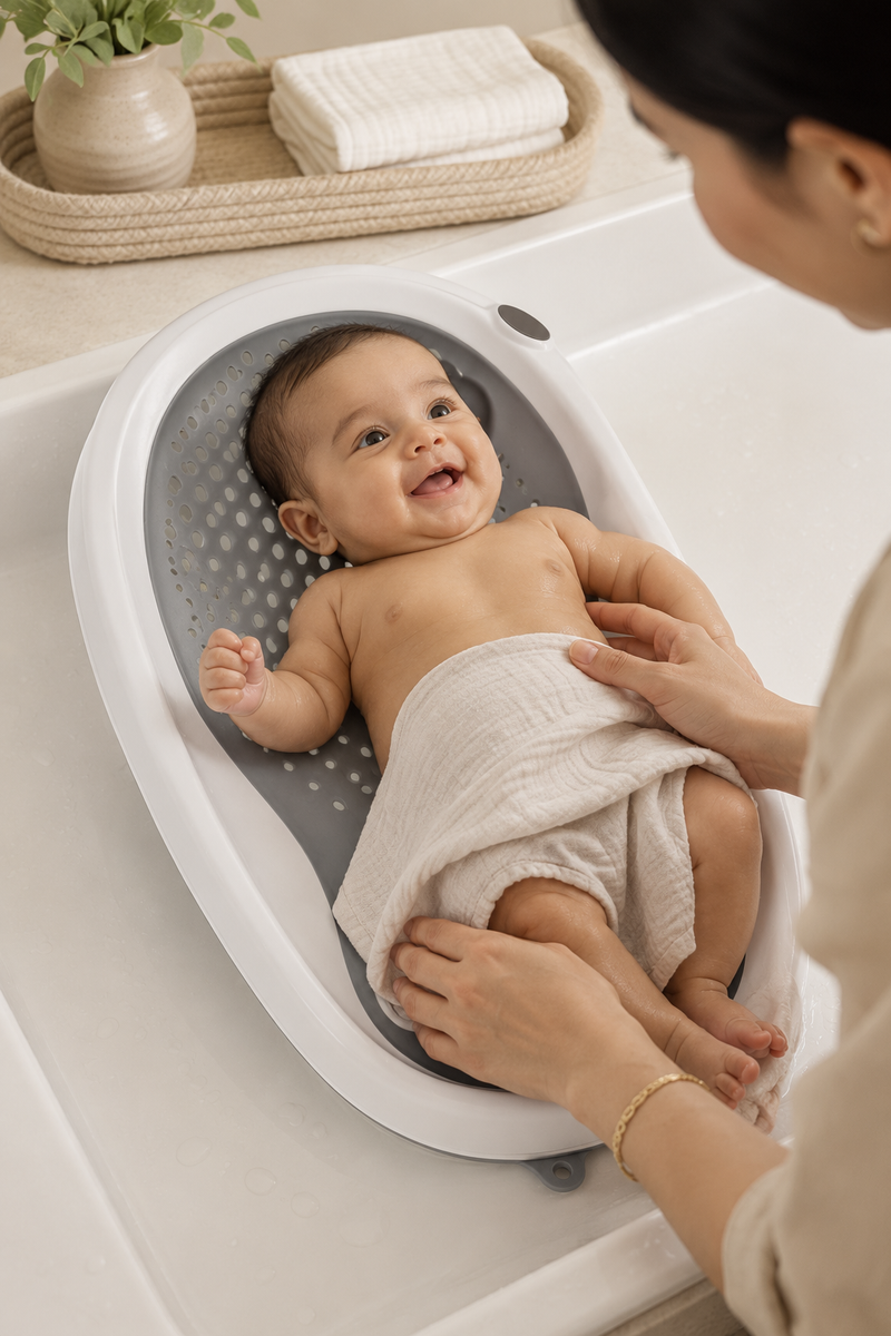 Light Gey Bathtub - Foldable on Stand With Silcone Cradle