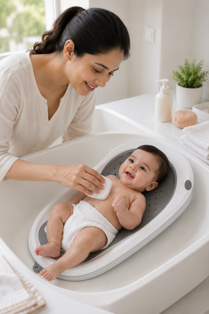 Light Gey Bathtub - Foldable on Stand With Silcone Cradle