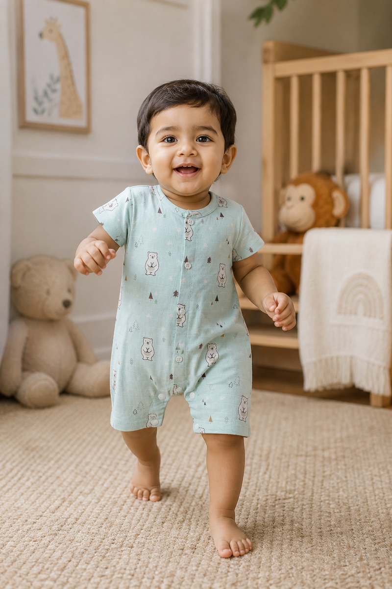 Blue Bear | Short Sleeves | Unisex Romper Bodysuit | 100% Cotton Muslin for 0 to 2 Yrs