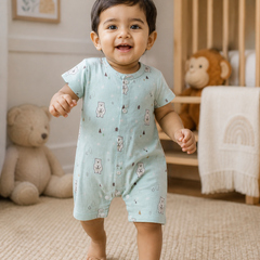 Blue Bear | Short Sleeves | Unisex Romper Bodysuit | 100% Cotton Muslin for 0 to 2 Yrs