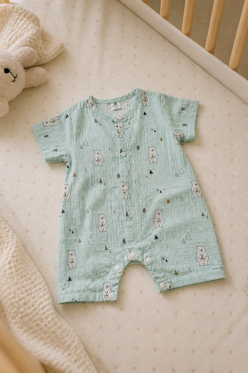 Blue Bear | Short Sleeves | Unisex Romper Bodysuit | 100% Cotton Muslin for 0 to 2 Yrs
