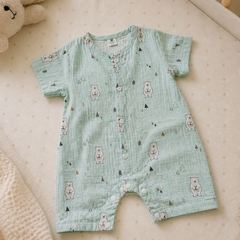Blue Bear | Short Sleeves | Unisex Romper Bodysuit | 100% Cotton Muslin for 0 to 2 Yrs
