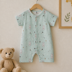 Blue Bear | Short Sleeves | Unisex Romper Bodysuit | 100% Cotton Muslin for 0 to 2 Yrs
