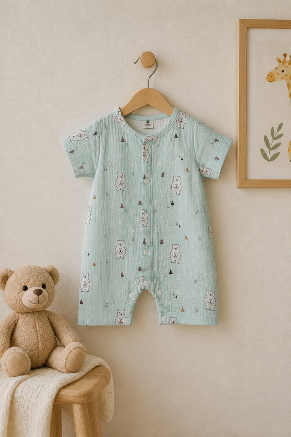 Blue Bear | Short Sleeves | Unisex Romper Bodysuit | 100% Cotton Muslin for 0 to 2 Yrs