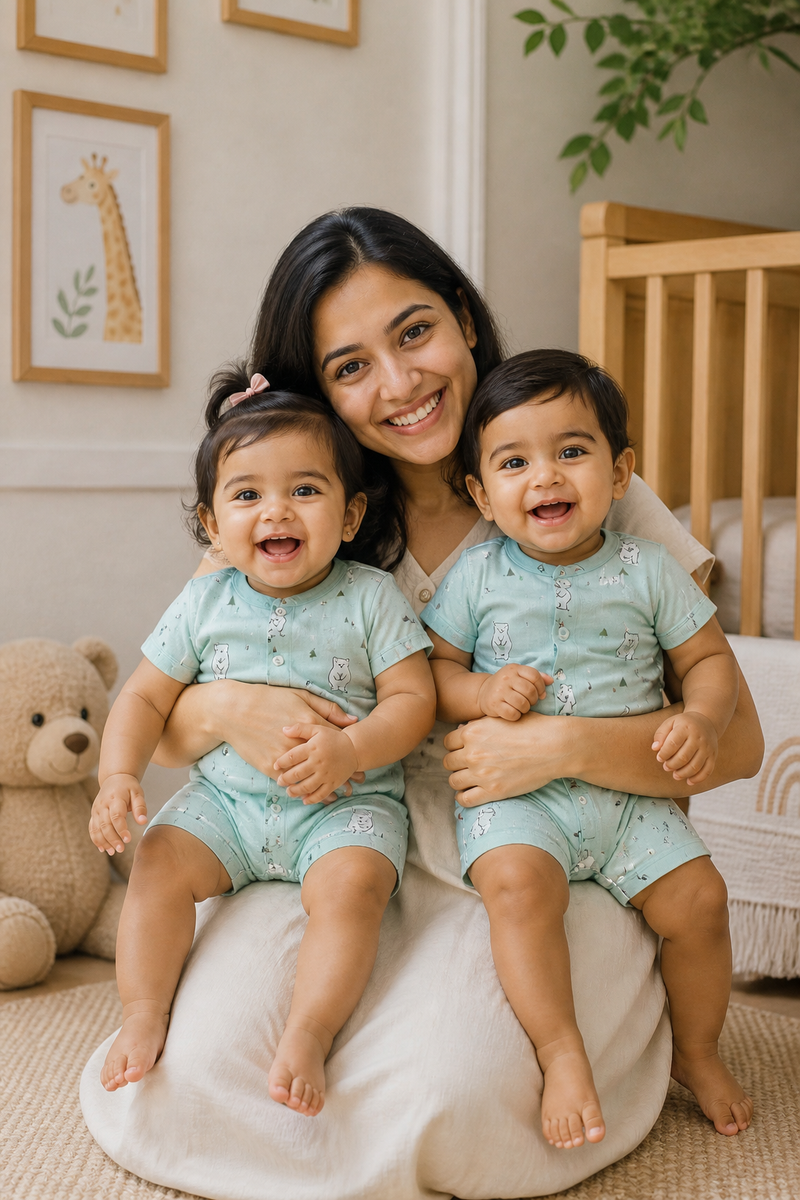 Blue Bear | Short Sleeves | Unisex Romper Bodysuit | 100% Cotton Muslin for 0 to 2 Yrs