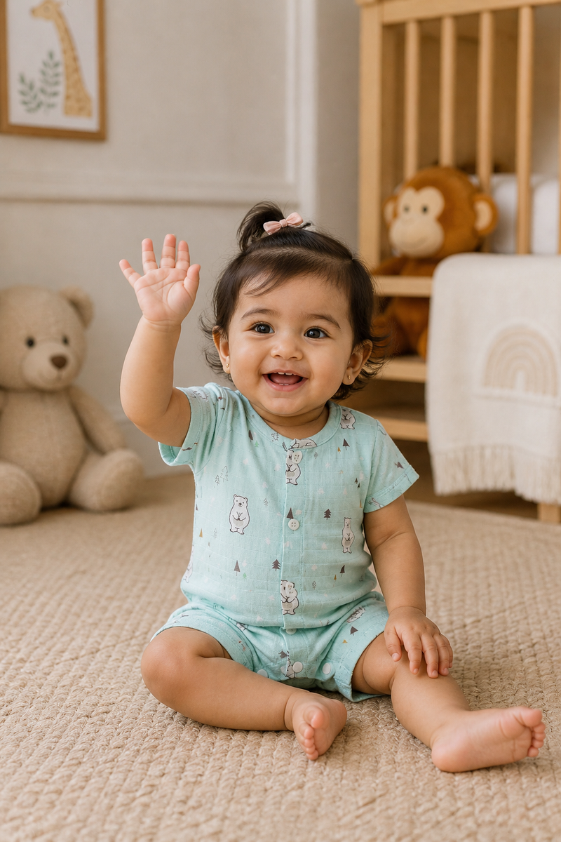 Blue Bear | Short Sleeves | Unisex Romper Bodysuit | 100% Cotton Muslin for 0 to 2 Yrs