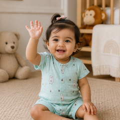 Blue Bear | Short Sleeves | Unisex Romper Bodysuit | 100% Cotton Muslin for 0 to 2 Yrs