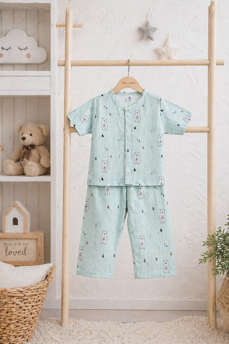 Blue Bear |Half Sleeves| Checkered Muslin| Soft Unisex Muslin Set for New Born to 6 Years