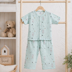 Blue Bear |Half Sleeves| Checkered Muslin| Soft Unisex Muslin Set for New Born to 6 Years