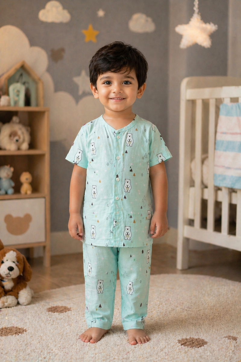 Blue Bear |Half Sleeves| Checkered Muslin| Soft Unisex Muslin Set for New Born to 6 Years