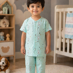 Blue Bear |Half Sleeves| Checkered Muslin| Soft Unisex Muslin Set for New Born to 6 Years