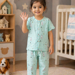 Blue Bear |Half Sleeves| Checkered Muslin| Soft Unisex Muslin Set for New Born to 6 Years