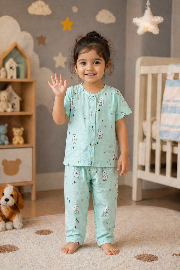 Blue Bear |Half Sleeves| Checkered Muslin| Soft Unisex Muslin Set for New Born to 6 Years