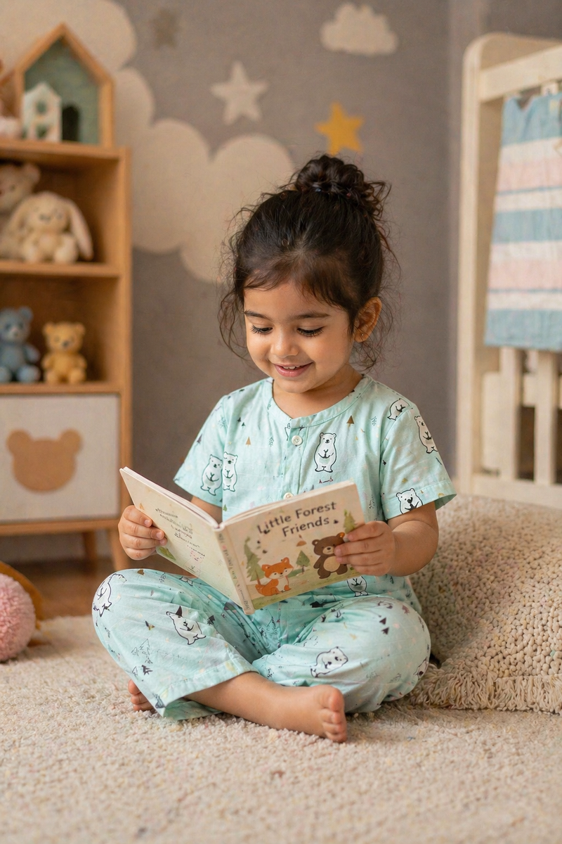 Blue Bear |Half Sleeves| Checkered Muslin| Soft Unisex Muslin Set for New Born to 6 Years