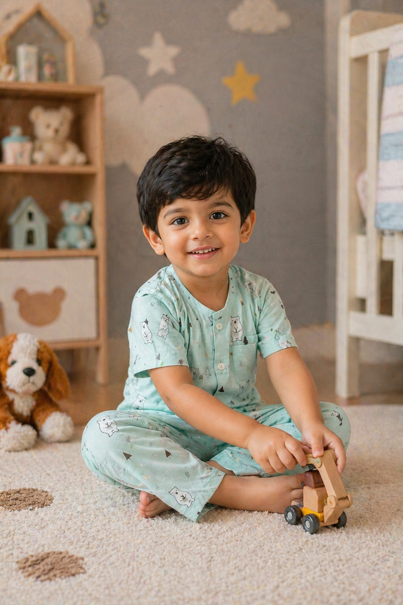 Blue Bear |Half Sleeves| Checkered Muslin| Soft Unisex Muslin Set for New Born to 6 Years