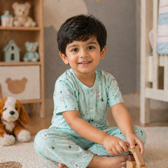 Blue Bear |Half Sleeves| Checkered Muslin| Soft Unisex Muslin Set for New Born to 6 Years
