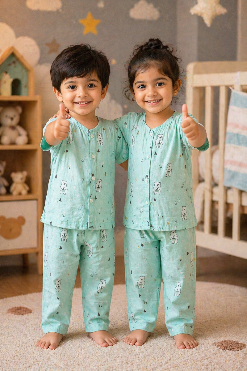 Blue Bear |Half Sleeves| Checkered Muslin| Soft Unisex Muslin Set for New Born to 6 Years