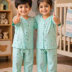 Blue Bear |Half Sleeves| Checkered Muslin| Soft Unisex Muslin Set for New Born to 6 Years