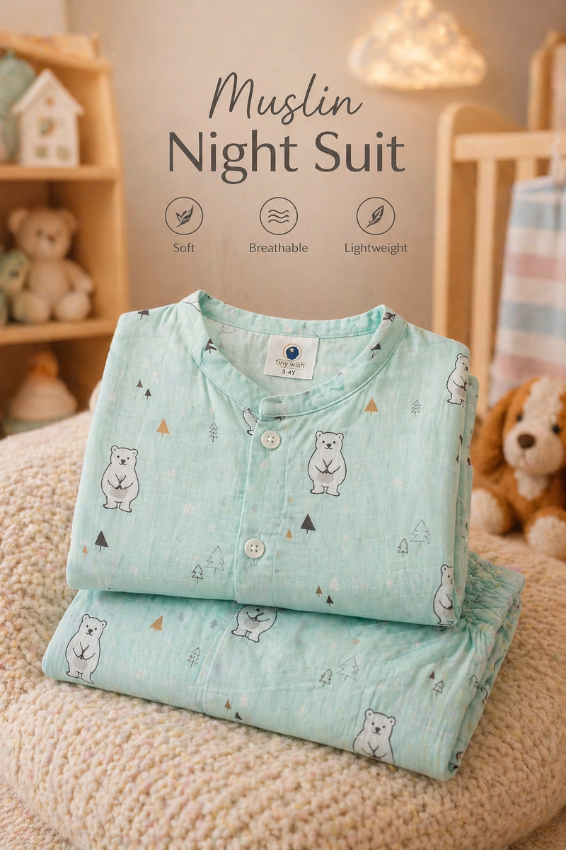 Blue Bear |Half Sleeves| Checkered Muslin| Soft Unisex Muslin Set for New Born to 6 Years