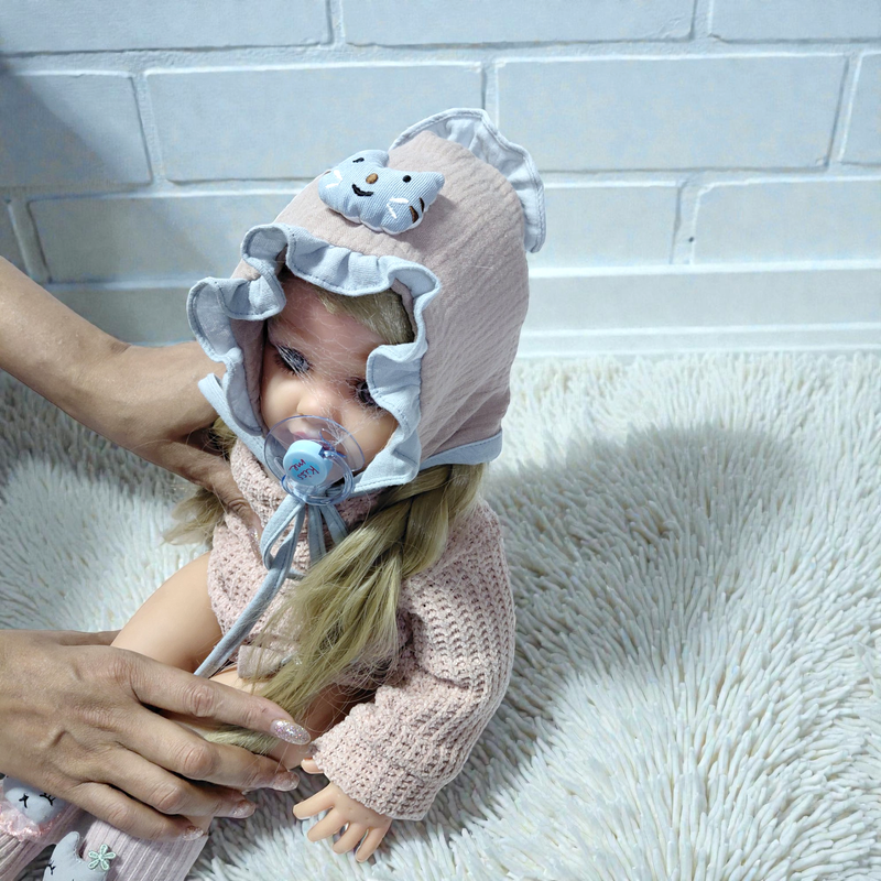Blue Beige Kradyl Kroft Baby Caps Set of 2 with Soft Toy Embellishment