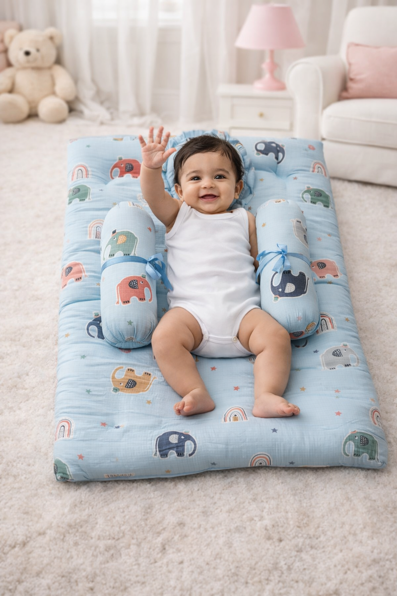 4 Pcs Muslin Bedding Set for 0 to 6 Months - Blue Elli
