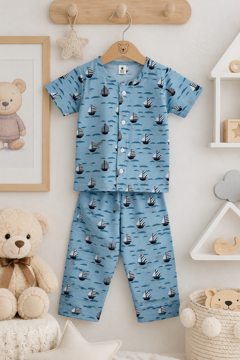 Blue Sail |Half Sleeves| Checkered Muslin| Soft Unisex Muslin Set for New Born to 6 Years