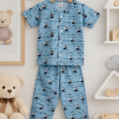Blue Sail |Half Sleeves| Checkered Muslin| Soft Unisex Muslin Set for New Born to 6 Years