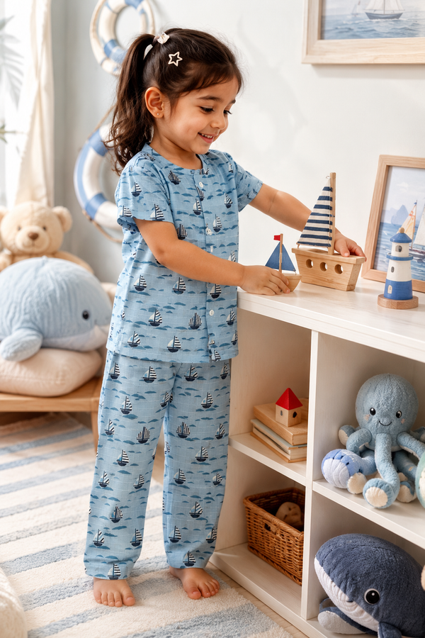 Blue Sail |Half Sleeves| Checkered Muslin| Soft Unisex Muslin Set for New Born to 6 Years