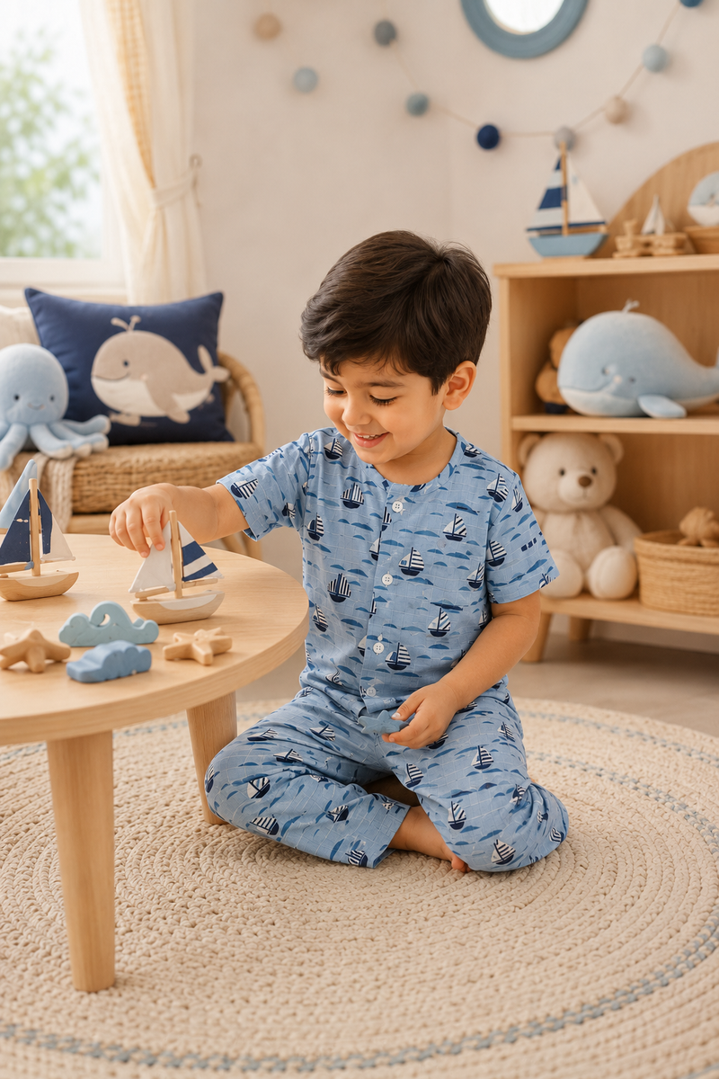 Blue Sail |Half Sleeves| Checkered Muslin| Soft Unisex Muslin Set for New Born to 6 Years