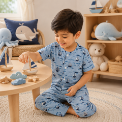 Blue Sail |Half Sleeves| Checkered Muslin| Soft Unisex Muslin Set for New Born to 6 Years