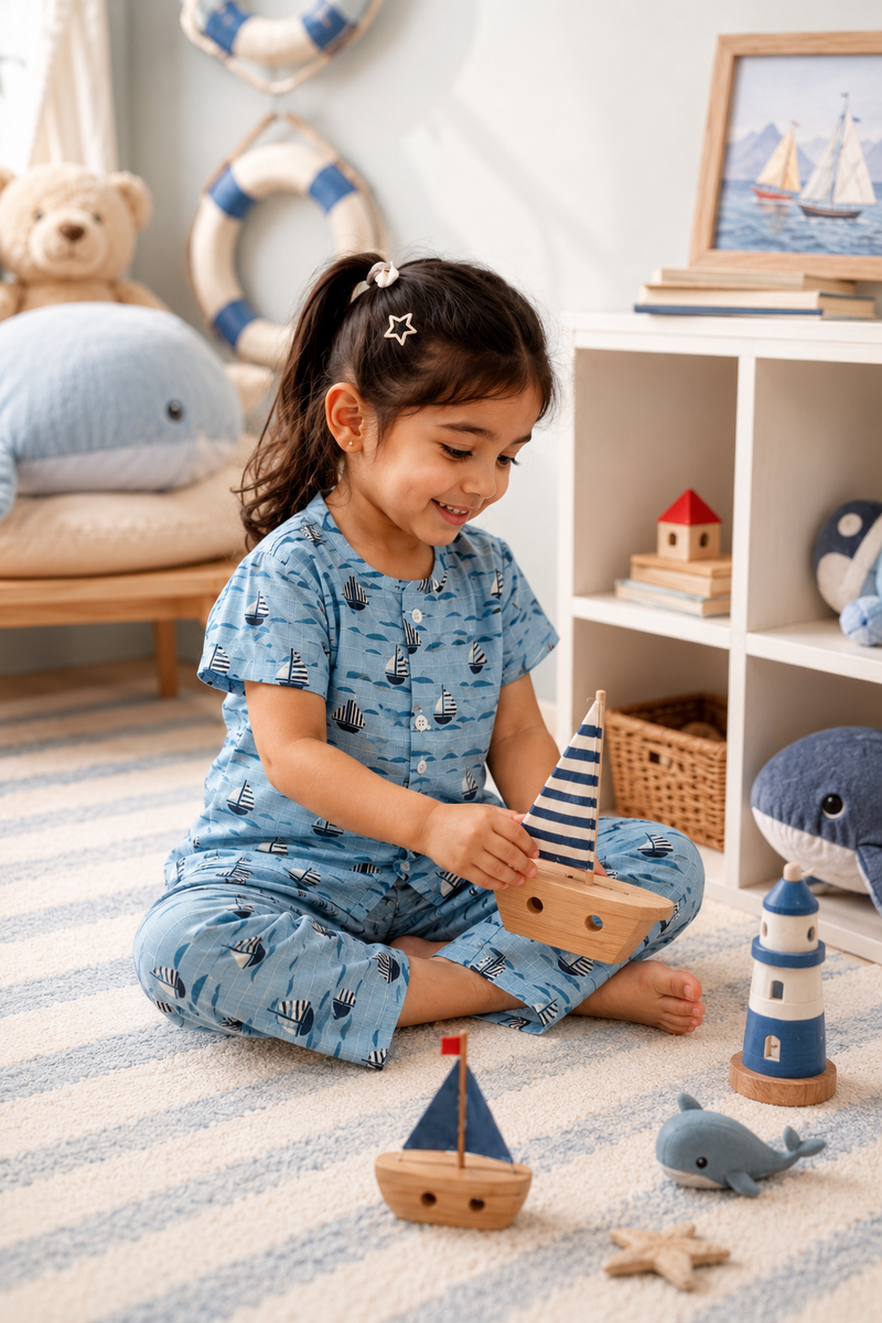 Blue Sail |Half Sleeves| Checkered Muslin| Soft Unisex Muslin Set for New Born to 6 Years