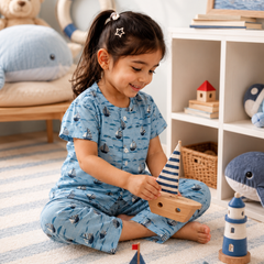 Blue Sail |Half Sleeves| Checkered Muslin| Soft Unisex Muslin Set for New Born to 6 Years