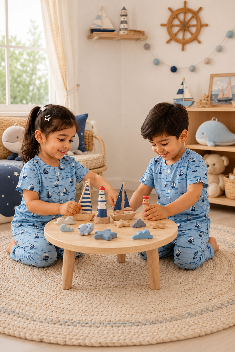 Blue Sail |Half Sleeves| Checkered Muslin| Soft Unisex Muslin Set for New Born to 6 Years