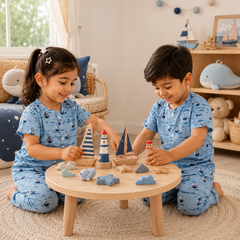 Blue Sail |Half Sleeves| Checkered Muslin| Soft Unisex Muslin Set for New Born to 6 Years