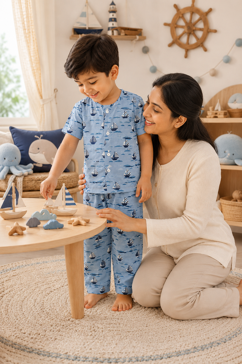 Blue Sail |Half Sleeves| Checkered Muslin| Soft Unisex Muslin Set for New Born to 6 Years