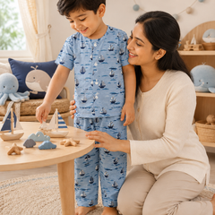 Blue Sail |Half Sleeves| Checkered Muslin| Soft Unisex Muslin Set for New Born to 6 Years