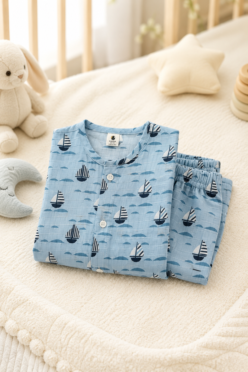 Blue Sail |Half Sleeves| Checkered Muslin| Soft Unisex Muslin Set for New Born to 6 Years