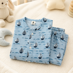 Blue Sail |Half Sleeves| Checkered Muslin| Soft Unisex Muslin Set for New Born to 6 Years