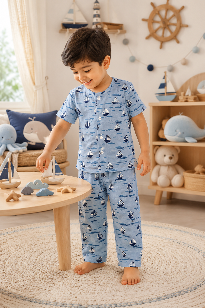 Blue Sail |Half Sleeves| Checkered Muslin| Soft Unisex Muslin Set for New Born to 6 Years