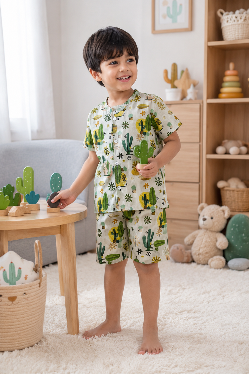 Cactus Garden Boys Top and Shorts Set | 120 GSM Checkered Muslin